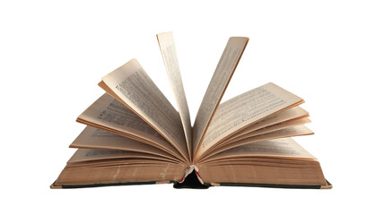 An antique open book with aged pages and weathered cover its leaves fanned out isolated on transparent background