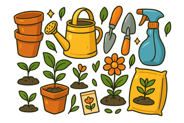 Colorful gardening tools and supplies, pots, watering can, hand trowels, spray bottle, seed packets, soil bag, and vibrant plants with flowers, vector cartoon illustration