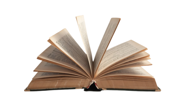 An antique open book with aged pages and weathered cover its leaves fanned out isolated on transparent background