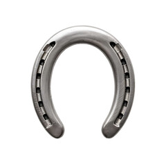 A detailed close up of a shiny silver metal horseshoe with nail holes isolated on a transparent background for equestrian use isolated on transparent background