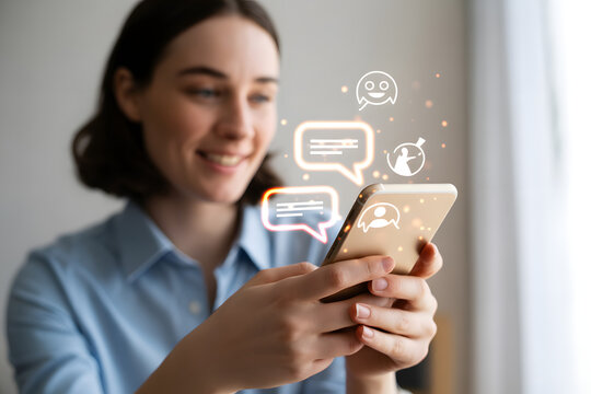 Young woman happily using smartphone with social media chat bubbles and notification icons appearing.