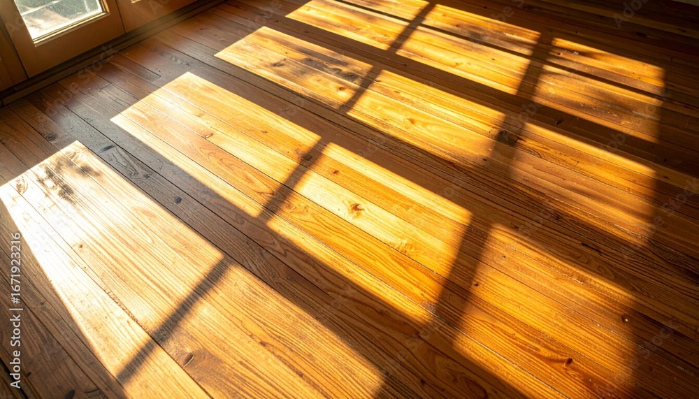 Poster warm sunlight streaming through window onto hardwood floor creating geometric pattern and texture