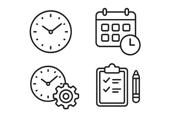 Obraz premium Time management linear icon set with clock, schedule, productivity tools, gear settings, checklist and pen in outline style, vector cartoon illustration, transparent background, ordered set