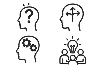 Business icons for brainstorming, problem solving, teamwork, decision making. Vector line icons of human head with gears, question mark, arrows, group with idea lightbulb.
