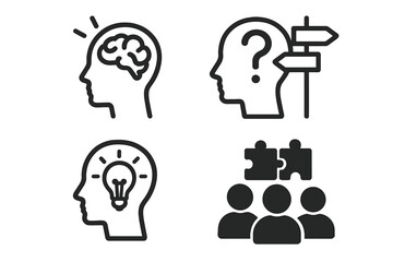 Set of line icons for mental process, decision making, teamwork. Head with brain, question mark, lightbulb. Collaboration, innovation, solution, choice vector concept.