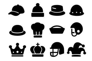 Bold solid style headwear icon set featuring hats, helmets, crowns, and caps. Vector cartoon illustration collection with transparent background for design and branding.