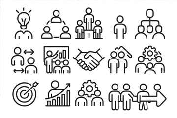 Business teamwork line icons set. Management, human resources, corporate collaboration, strategy, growth. Pictogram collection for presentation, web design, workflow, organization.