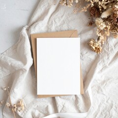 Blank White Card with Dried Flowers Mockup on Beige Textile Background