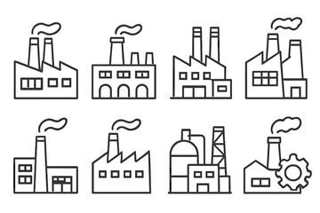 Industrial building icon set. Simple line art of factories, manufacturing plants, and refineries. Vector illustration for production, energy, and industry concepts.