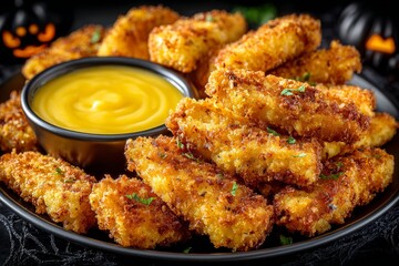 Fototapeta premium Zombie Fingers served with creamy mayonnaise, crunchy chicken strips shaped like fingers on black plate garnished with parsley. Concept of spooky Halloween treat, Zombie Fingers delight.