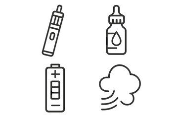 Vaping and e-cigarette essentials linear icon set, vape battery, liquid bottle, vapor cloud vector cartoon illustration, modern electronic cigarette collection, transparent background