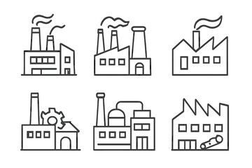 Industrial building icon set. Factory, power plant, manufacturing facility line art icons. Vector illustration. Production, workshop, pollution, energy industry outline symbols.