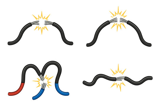 Illustrations of broken and connected electrical wires with various shapes and colorful cable ends, minimalistic vector cartoon showing electrical connection and wire damage concepts