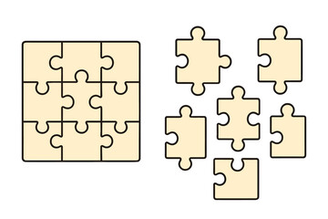 Various puzzle piece shapes arranged in two groups for creative design or educational purposes, vector cartoon illustration, transparent background, ordered set of 9 puzzle pieces