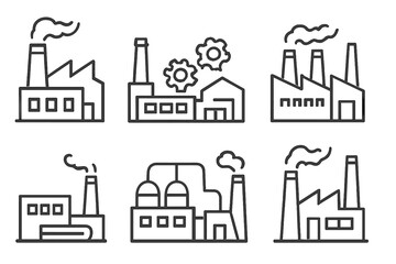 Industrial building icon set. Factory line art collection. Vector icons for concepts like manufacturing, production, power plant, energy, pollution. Simple outline graphic element.