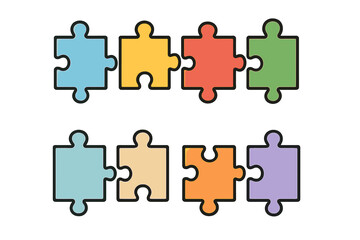 Colorful puzzle pieces connecting. Jigsaw vector set for teamwork, strategy, problem-solving. Business metaphor for partnership, solution, and integration. Flat cartoon icon.