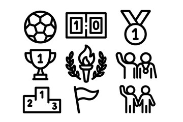 Sports competition and achievement line icon set. Winner, trophy, medal, and podium symbols. Minimalist vector graphic for game awards, soccer championship, and success concept.
