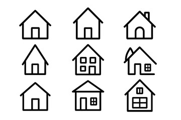 Set of house icons. Simple home outline symbol collection. Real estate, property, and building concept for web design. Vector line art illustration. Architecture graphics.