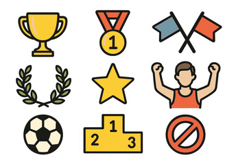 Sports achievement and competition icon set. Vector symbols of victory, success, and awards. Trophy, medal, podium, champion, winner, and soccer ball cartoon illustrations.