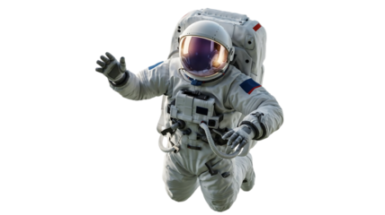 Astronaut waving hello while floating in outer space wearing a detailed white spacesuit and helmet isolated on transparent background