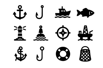 Marine and fishing solid icon set with nautical sea boat fish lighthouse buoy compass oil rig anchor hook life preserver and basket icons vector collection