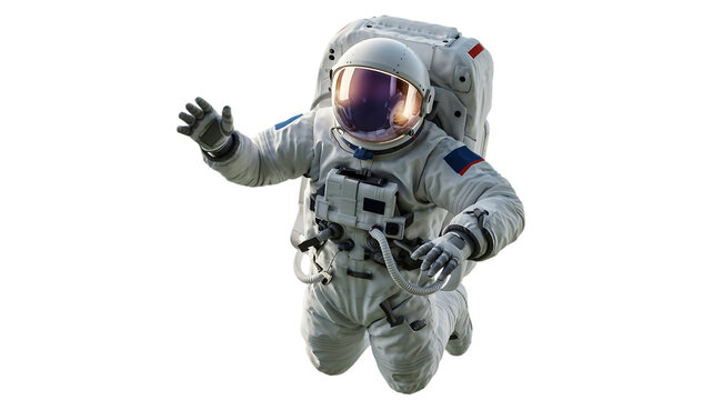 Astronaut waving hello while floating in outer space wearing a detailed white spacesuit and helmet isolated on transparent background