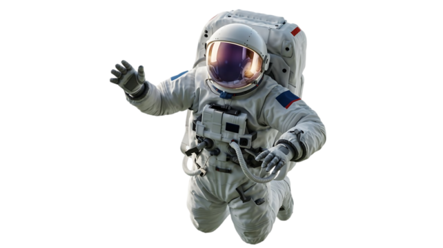 Astronaut waving hello while floating in outer space wearing a detailed white spacesuit and helmet isolated on transparent background
