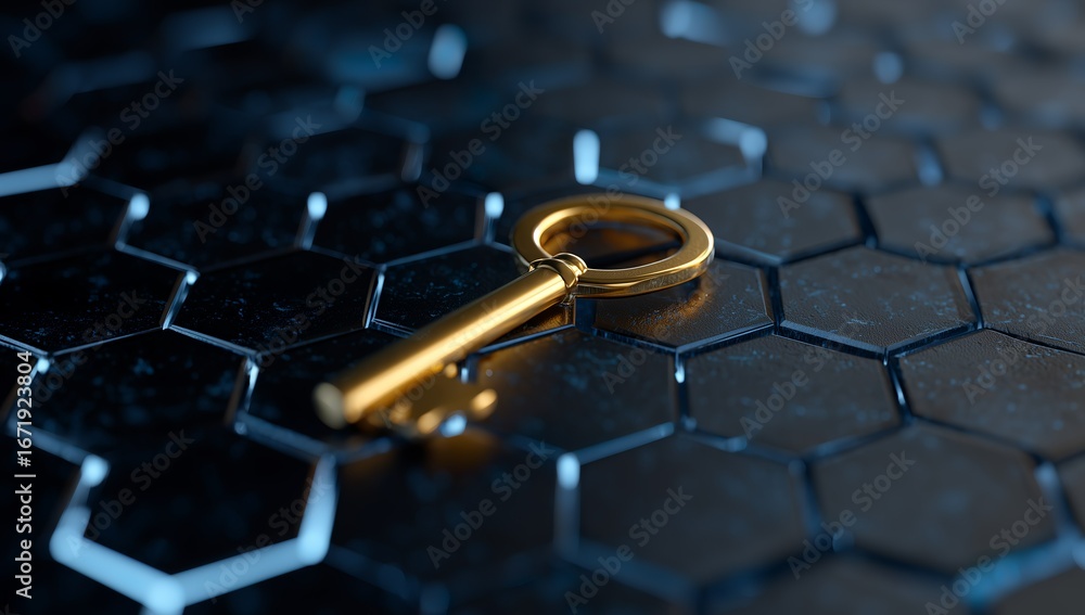 Poster golden key on hexagonal metallic background