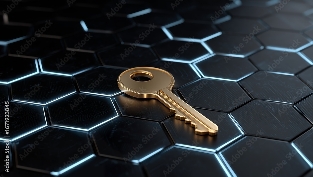 Poster close-up of a golden key on a futuristic hexagonal background