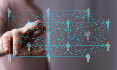Hand interacting with a digital network, illustrating global connection, teamwork, and...