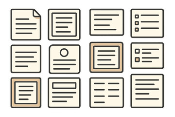 Document icon set. Simple flat vector illustration. Paper, file, form, list, and note icons for web and app design. Office document symbols collection. Business data concept.