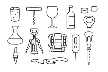 Wine accessories icon set in linear style, including winery, bar, and drink tools, cartoon vector collection with transparent background, ideal for beverage and hospitality design