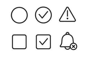 Check mark icon set for UI and UX design. Line vector symbols for task completion, selection, and alerts. Includes checkbox, radio button, warning sign, and mute notification.