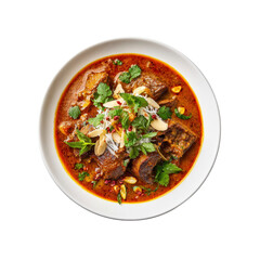 Aromatic Lamb Curry in a White Bowl, Overhead Shot
