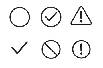 Check mark, alert, and warning icon set. Vector line art symbols for UI and UX design. Represents completion, errors, and notifications. Simple minimalist pictogram collection.