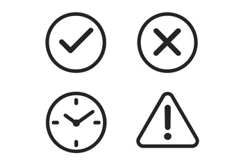 Check mark, cross, clock, warning icon set. Vector symbols for UI status. Approved, rejected, pending, alert signs. Web and app interface elements. Line art design icons.