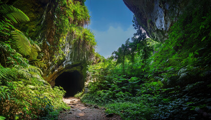 a lush green cave entrance surrounded by vibrant foliage and rocks inviting exploration into a mysterious dark interior