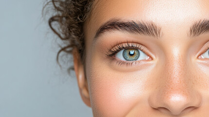 Naklejka premium Bright blue eye with curly hair, showcasing joyful expression and smooth skin