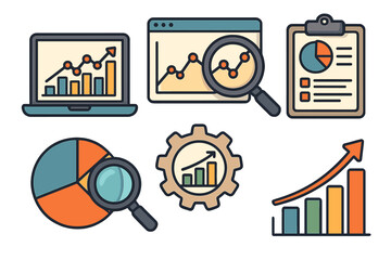 Data analytics and business intelligence icon set. Vector charts and graphs for financial reports. Marketing metrics, statistics, research, and growth analysis for success concept.