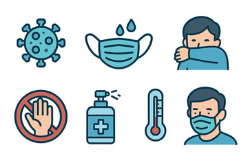 Coronavirus prevention icons set. Health safety measures for infectious disease. Vector face mask, hand sanitizer, thermometer, no touching, cough etiquette. Pandemic awareness.