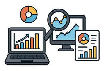 Visual representation of data analytics tools for business intelligence. Infographic concept for marketing report, financial statistics, market research, and company growth.