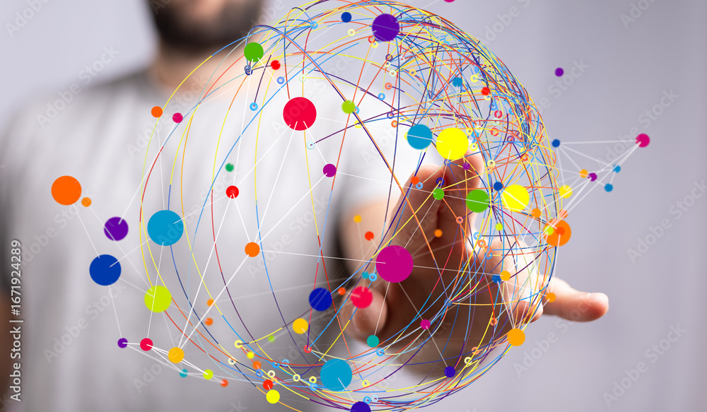 Poster abstract image of a global network. colorful nodes and lines represent connections and data flow.