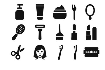 Personal care solid icons set, flat filled grooming and beauty essentials vector cartoon illustration with transparent background, hair care, skincare, makeup, hygiene tools