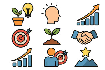 Set of business growth icons. Personal and professional development concept. Success strategy, goal achievement, new ideas, and partnership symbols. Vector illustration pack.