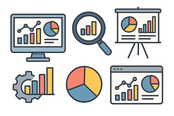 Data analysis icon set for business intelligence and financial reporting. Collection of charts, graphs, dashboard elements for statistics, market research, and presentations.
