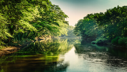 lush riparian corridor serene riverbank nature scene