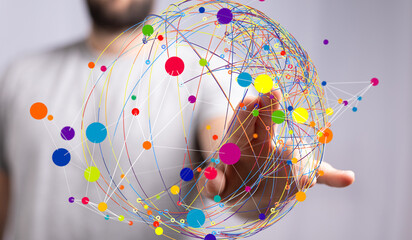 Abstract image of a global network. Colorful nodes and lines represent connections and data flow.