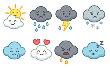Weather mood character set. Cloud emoji collection. Cute cartoon mascot for forecast. Sun, rain, storm, snow. Happy, sad, angry, love emotion. Mental state icon. Vector illustration.