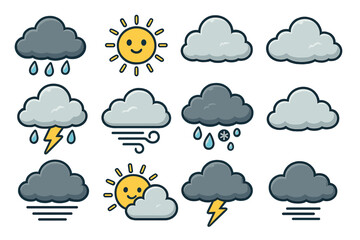 Weather icon set. Cute cartoon collection for forecast app or web design. Vector illustration of sun, cloud, rain, storm, wind, snow, thunder, and other climate symbols.