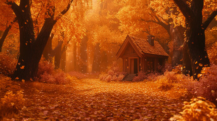 Magical autumn forest with orange-hued foliage and a cozy wooden cabin, surrounded by fallen leaves, capturing serene woodland charm and seasonal beauty.